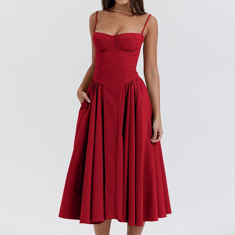 European And American Summer Ladies Long Skirt French Elegant Style Suspenders Solid Color Casual Dress Dating Party Vacation Style