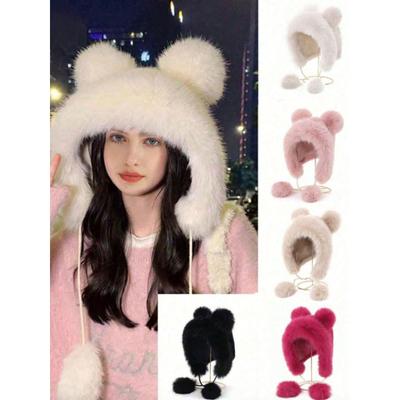 Damen Niedlicher Flauschiger Quastenball Pompon Design Fischerhut mit Kätzchenohren Lei Feng Hut, Warmer Lässiger Niedlicher Hut für Draußen