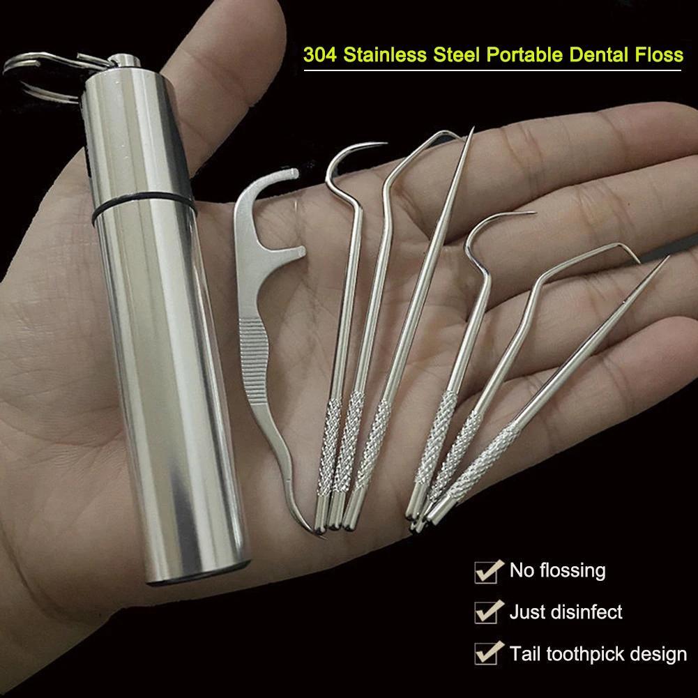 Stainless Steel Toothpick Set Tooth Flossing Reusable Portable Toothpick Floss Teeth Cleaner Sets Oral Cleaning Tool