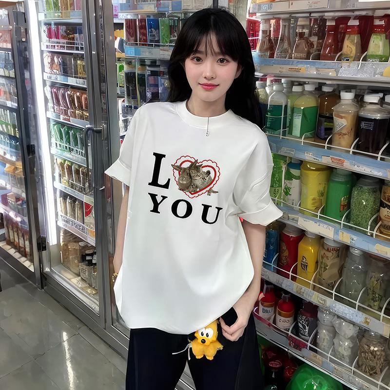 

Женская летняя белая футболка свободного кроя из чистого хлопка с рукавом до локтя - нежный корейский стиль L белый