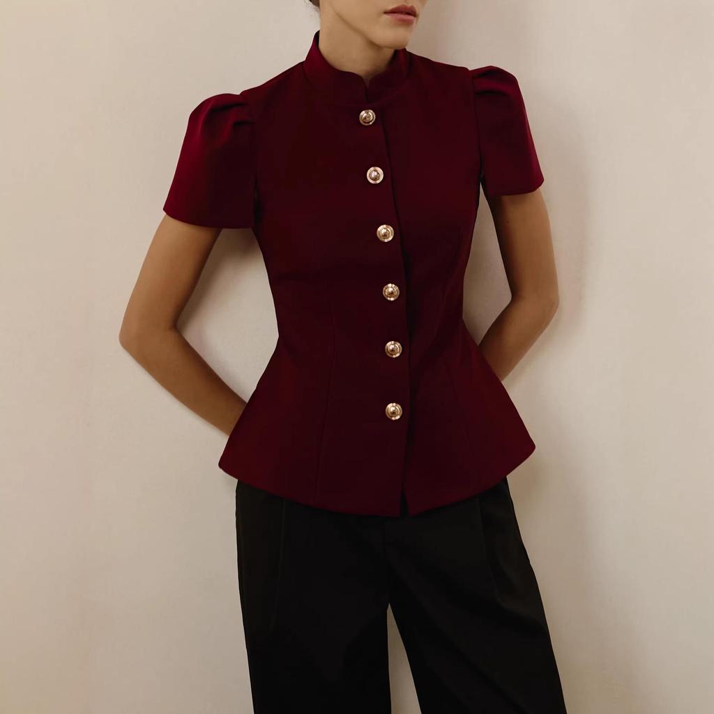 Spring/Summer 2026: Elegant Women's 3D Design Top with Lantern Sleeves & Metal Buckle