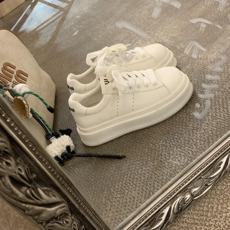 Cowhide version~ Classic round head thick sole heightening lace-up little white shoes college style versatile board shoes women