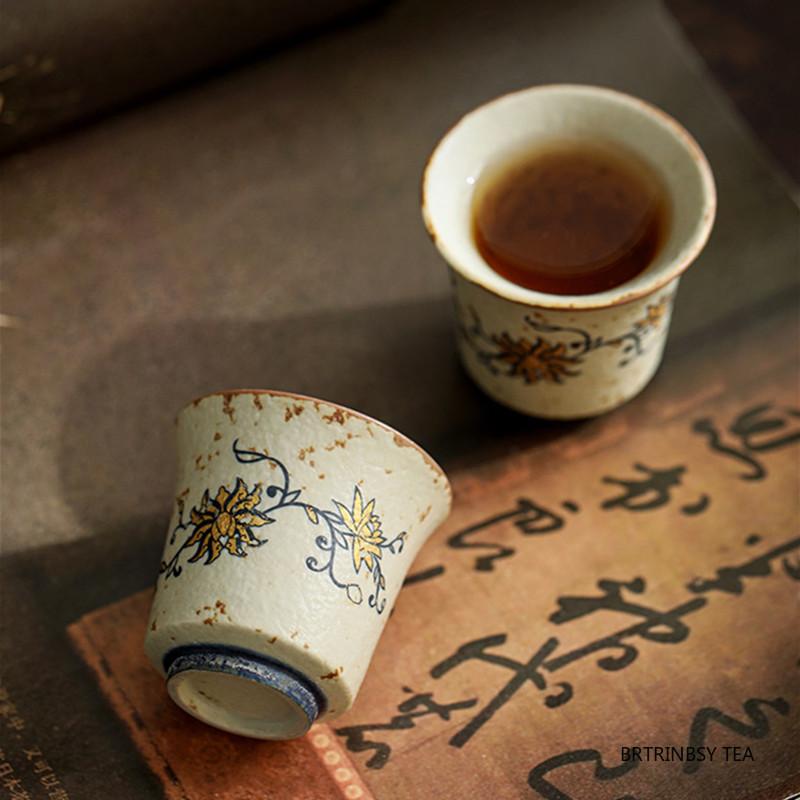 1 Pc Chinese Vintage Ceramic Tea Cup Handmade Flower Pattern Tea Bowl Household Master Teacup Travel Personal Teaware 35ml