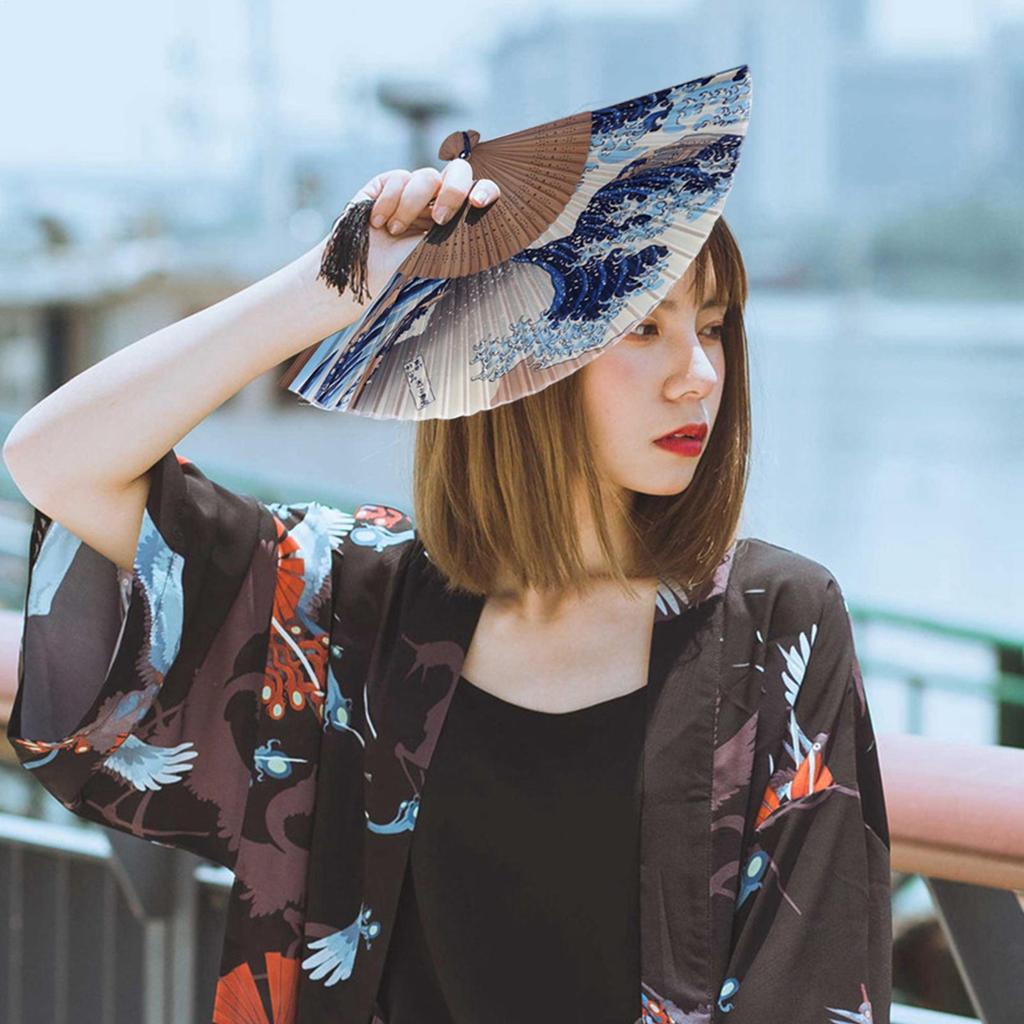 Japanese Folding Fan Vintage Silk Handmade Decorative Kanagawa Wave Foldable Fan Art Craft Gift Handheld Fans Performance Props