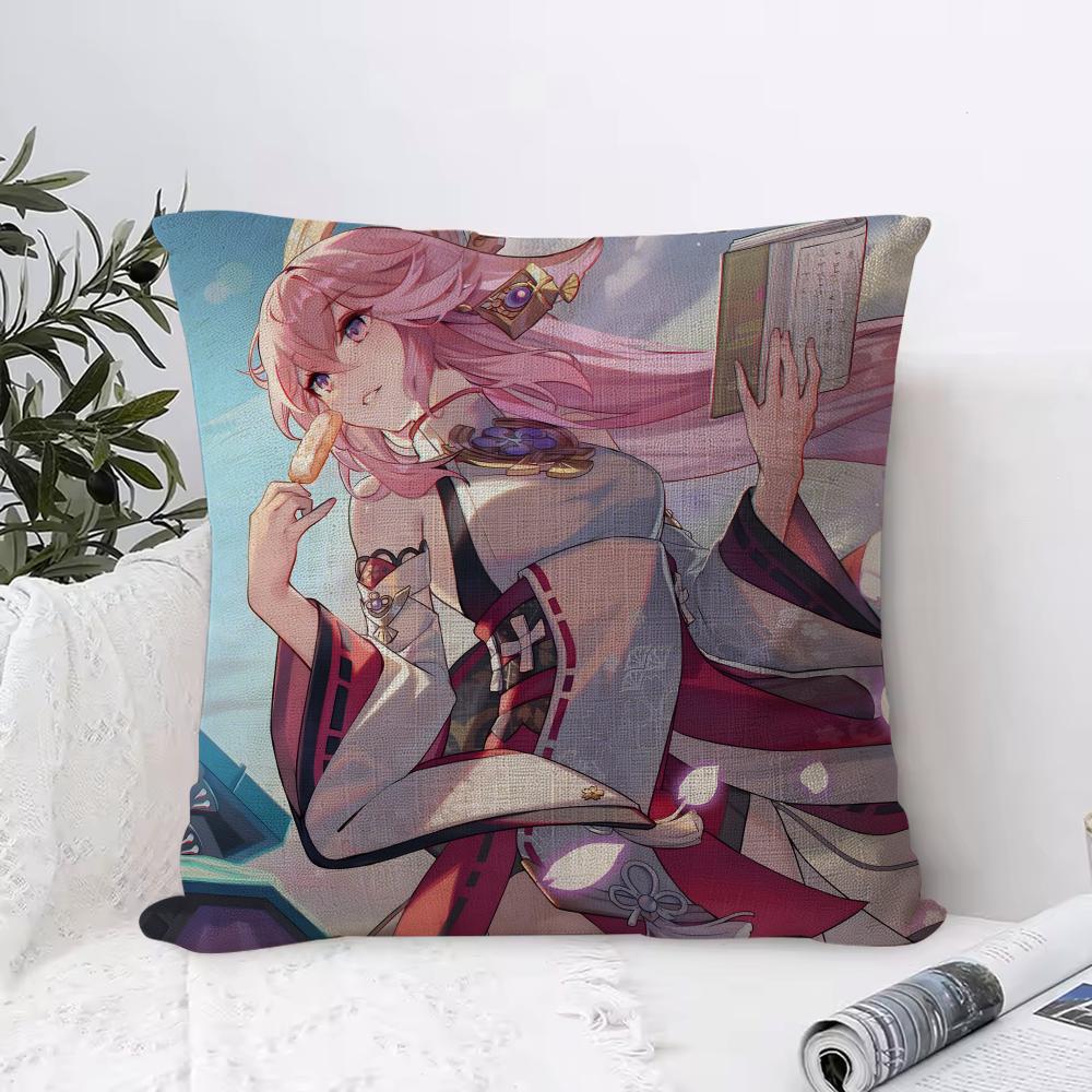 Genshin Impact Yae Miko Cushion Cover Eco Linen Pillow Case DoubleSided Print Breathable Durable Zipper Home Decor Gift