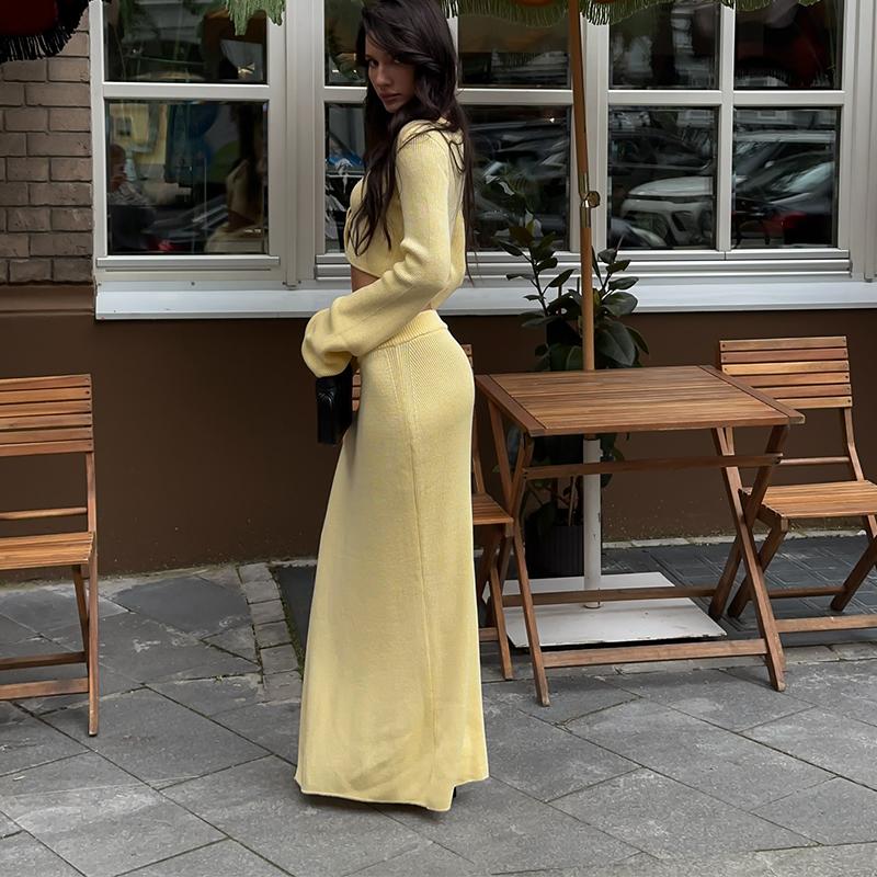 Slim Lace Up Knitted Top Skirts Set Women O-neck Flare Sleeve Hollow Out Crop Tops High Waist Split Skirt Spring Autumn Casual Outfits