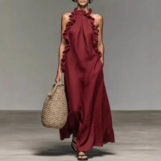 Summer Maxi Dress for Women Ruffle Halter Sleeveless Long A-Line Dress Casual Beach Vacation Flowy Sundress