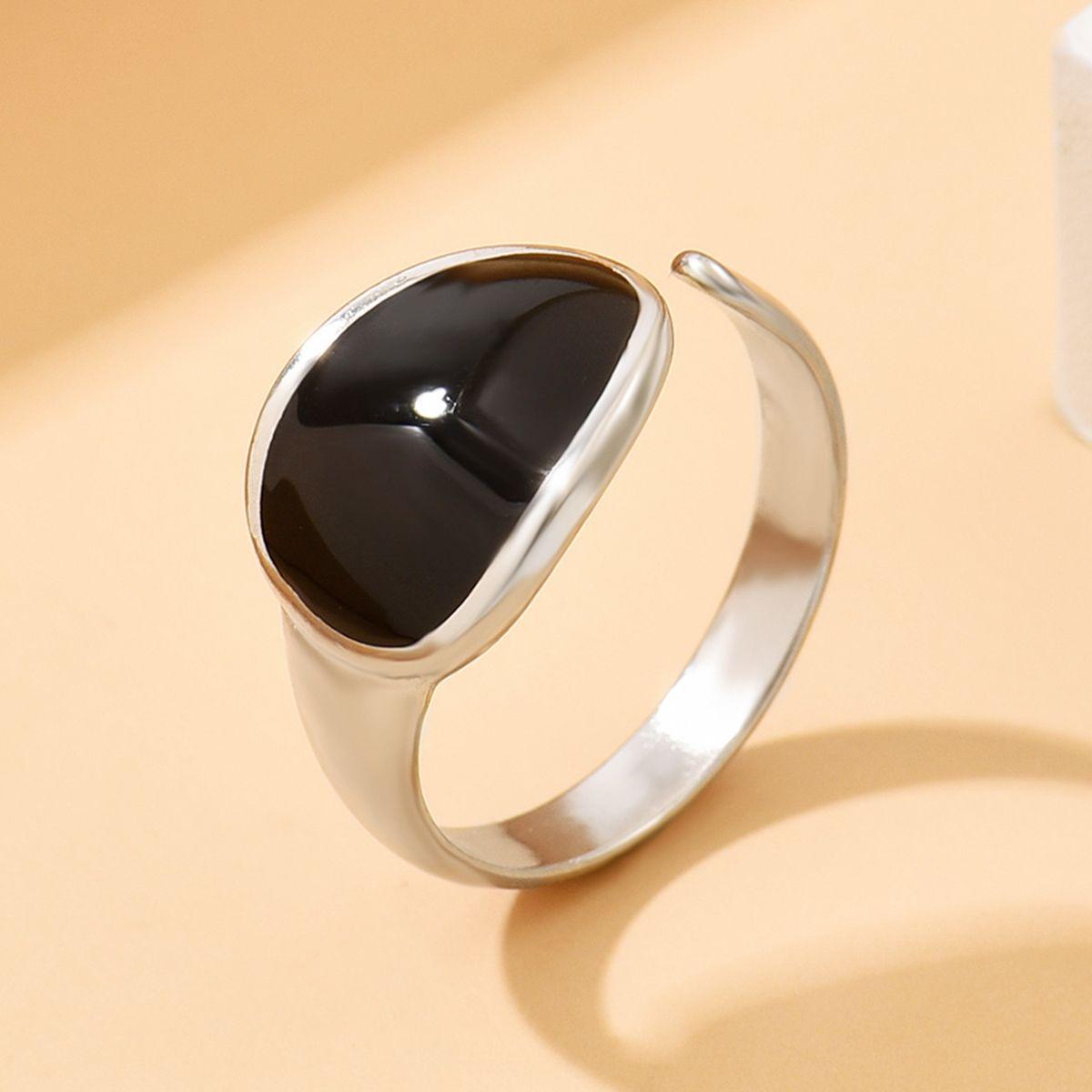 Adjustable Gold-Plated Geometric Black Oil Drop Ring, Stainless Steel Jewelry