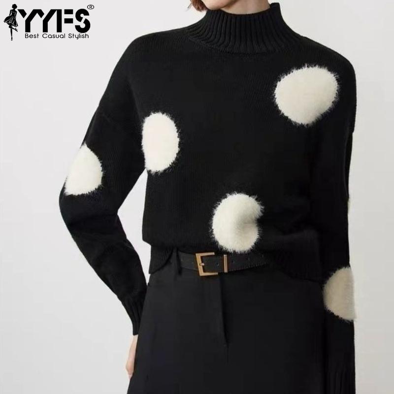 YYFS Women's Fashion Casual Fall Winter Polka Dot Print Long Sleeve Half Turtleneck Sweaters
