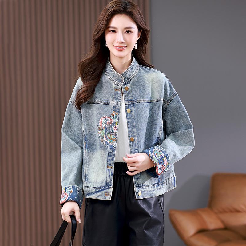 Women's Retro Heavy Embroidery Denim Jacket - 2024 Spring & Autumn Trend, Stand Collar, Chinese Style, Short Design
