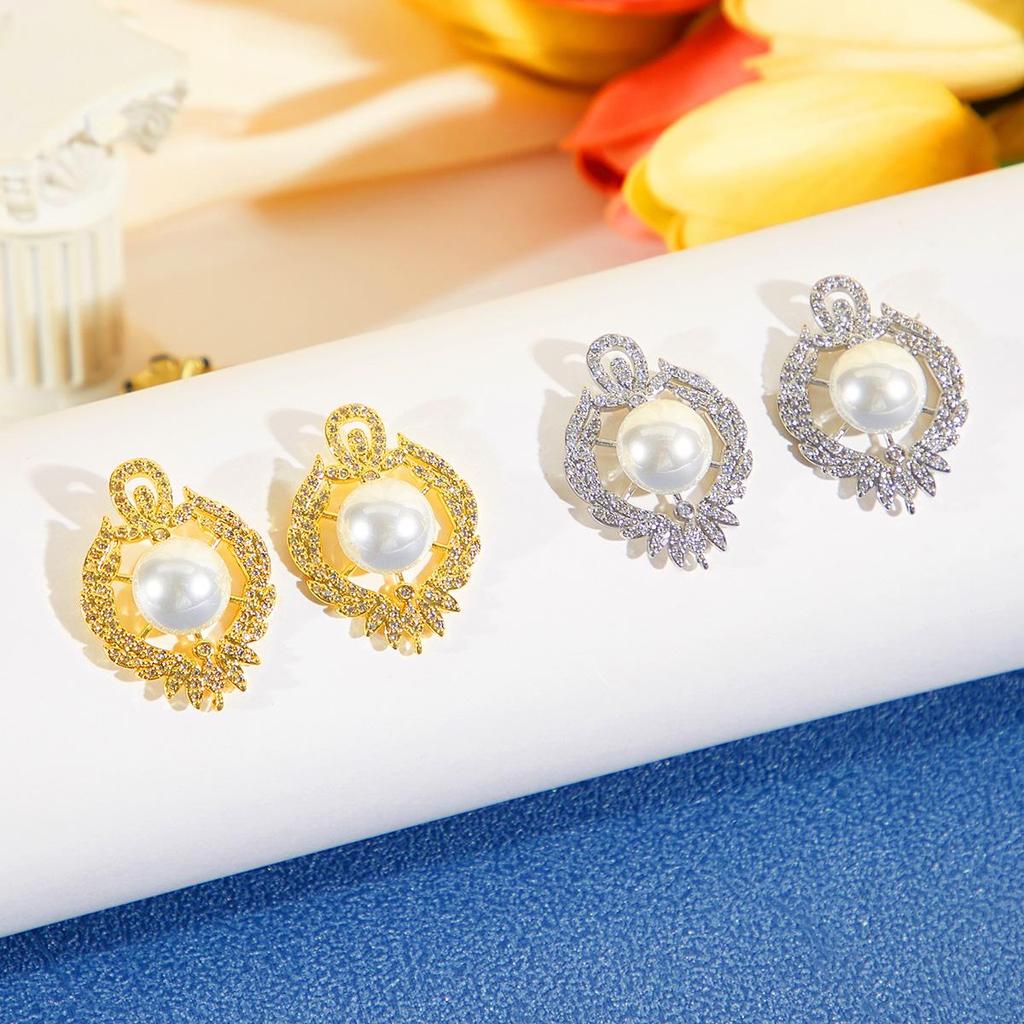 CMM Elegant CZ Zircon Artificial Pearl Earrings Party Banquet Wedding Woman Golden Silvery Jewelry Bride Matching Accessories