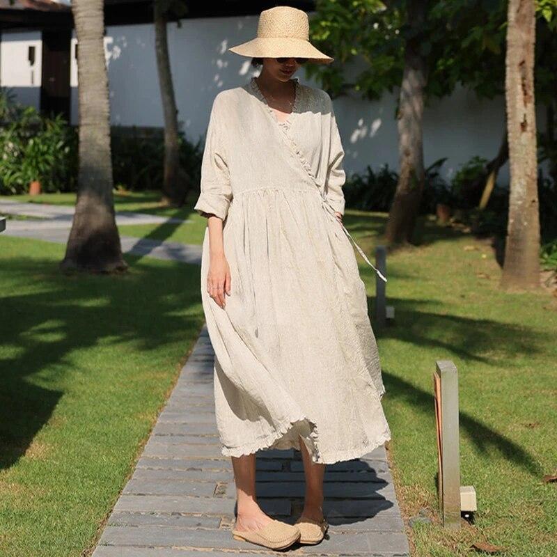 

Французские женские свободные платья Johnature с планкой в ​​виде грибка и галстуком, кардиган с большим подолом и длинными рукавами, простые летние платья