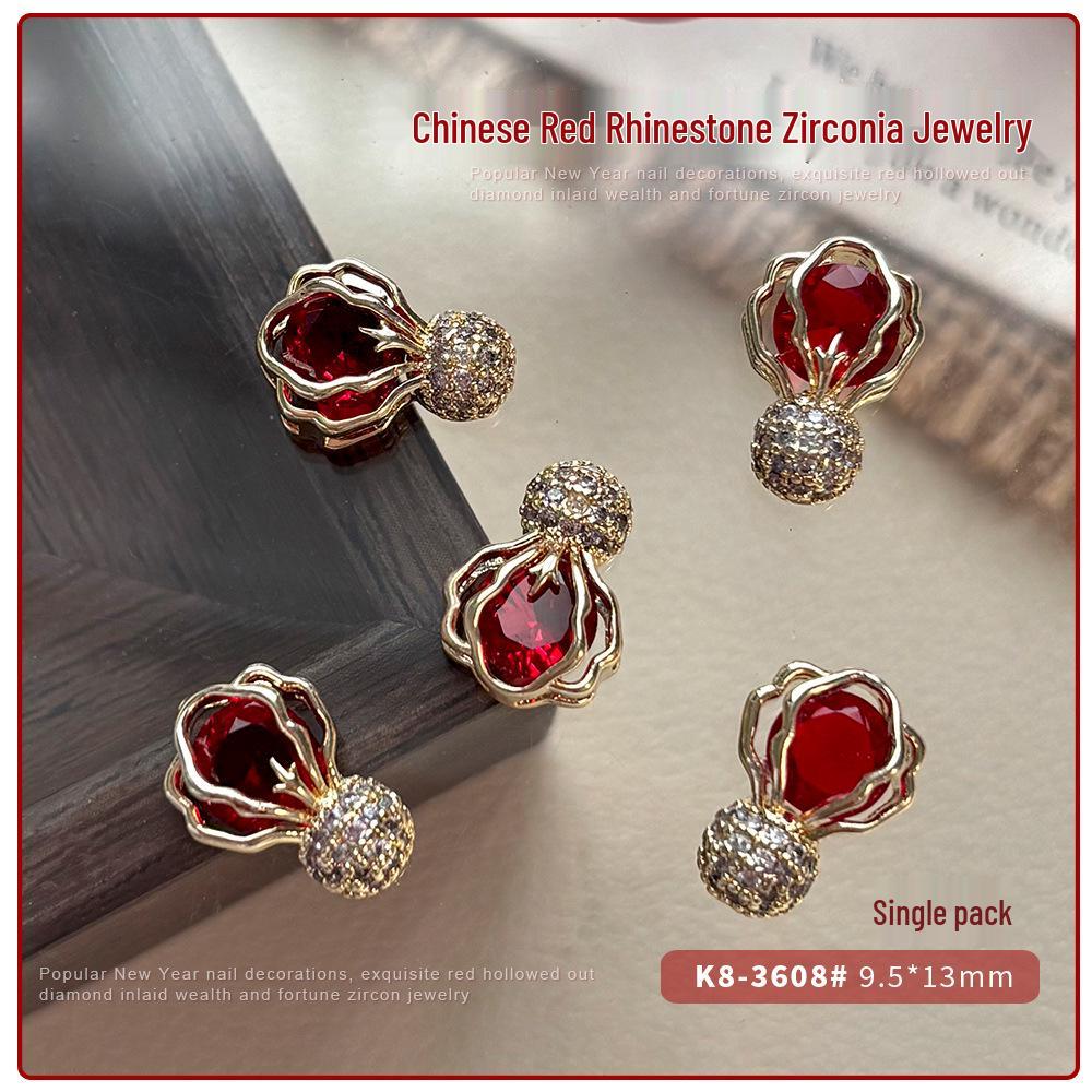 2026 New Year Zircon Nail Art: Festive Red Knot, Fu Character, Goldfish, Coin, and Rhinestone Decorations