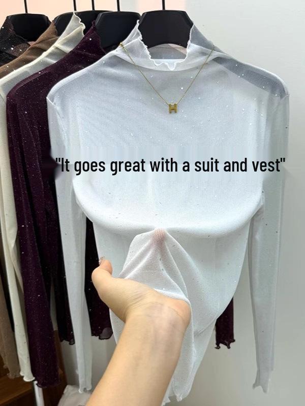 Purple Sequin High Neck Ruffle Lace Top - Women's Slimming Long Sleeve T-Shirt for Autumn/Winter Trends