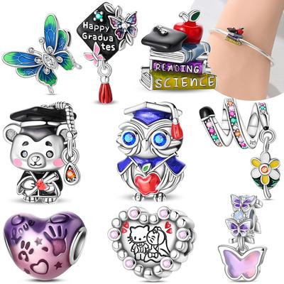 Original Pink Butterfly Pendant Baby Panda Owl Graduation Heart Symbol Charmcopper Bead Fit Bracelet Women Jewelry Diy Gift
