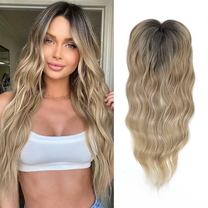 Topper de Clip para el Cabello para Mujer Sin Malla, Fibra Sintética de Alta Temperatura, Rubio Dorado Largo y Rizado con Flequillo de Cortina, Pieza de Cabello para Coronilla Adelgazada