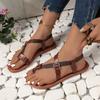 Summer sandals women's flat-bottomed outer wear metal buckle large size cross-toe elastic sandals