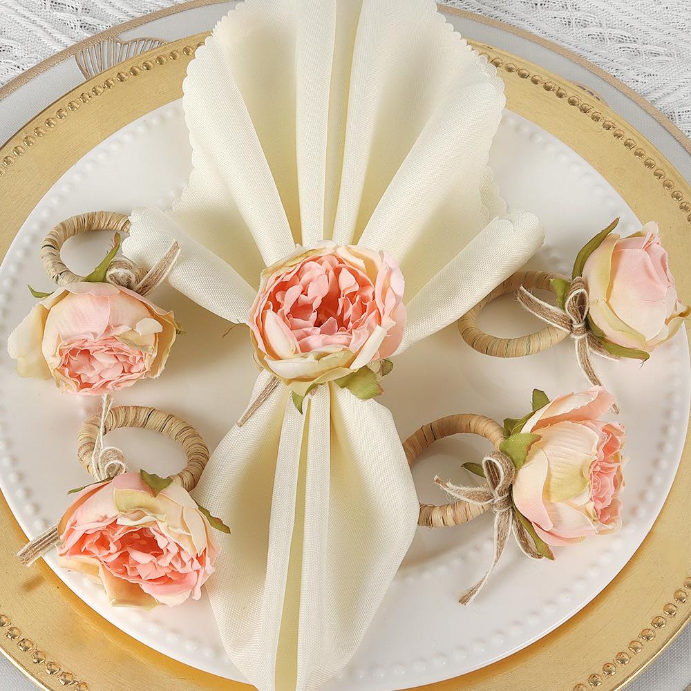 4KS Elegantní růžové pivoňkové kroužky na ubrousky - Ručně vyráběné z juty a provázku, Ideální na svatby, obědy, pikniky, bankety, Vánoce