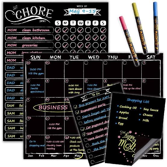 Magnetic Chalkboard Monthly Calendar with neon Bright Liquid Chalk Markers – Black Refrigerator Monthly Planning Board w/Bonus - Grocery List and