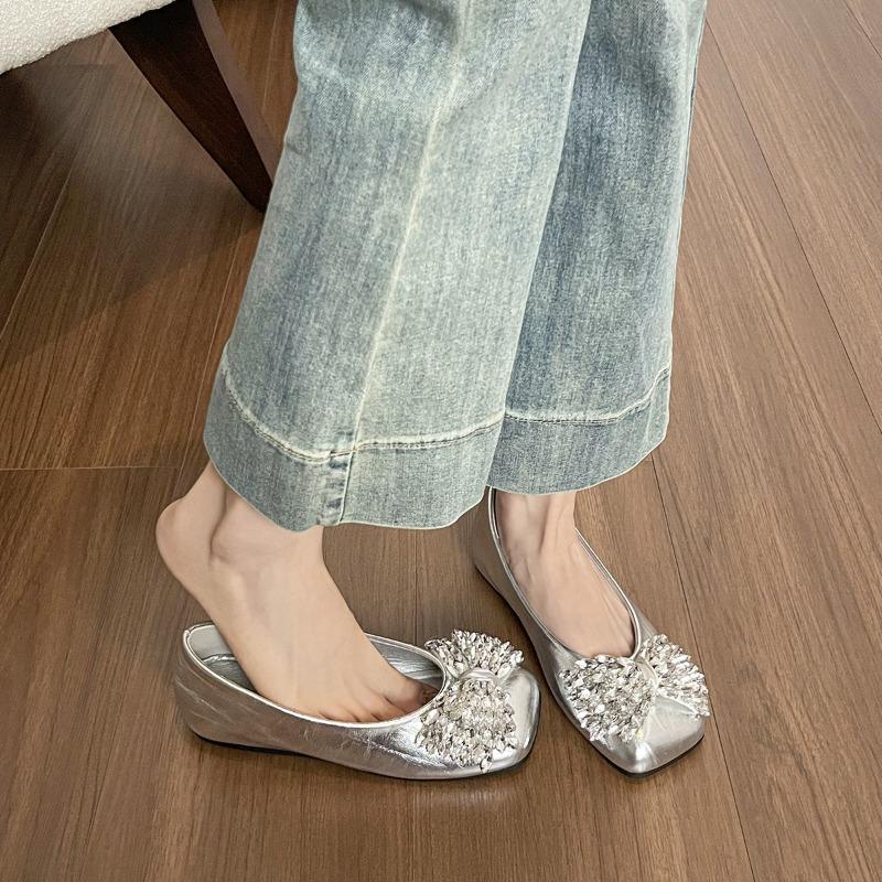 

Square-toed Single Shoe Women s Shallow Mouth Rhinestone Shoes 35 срібний