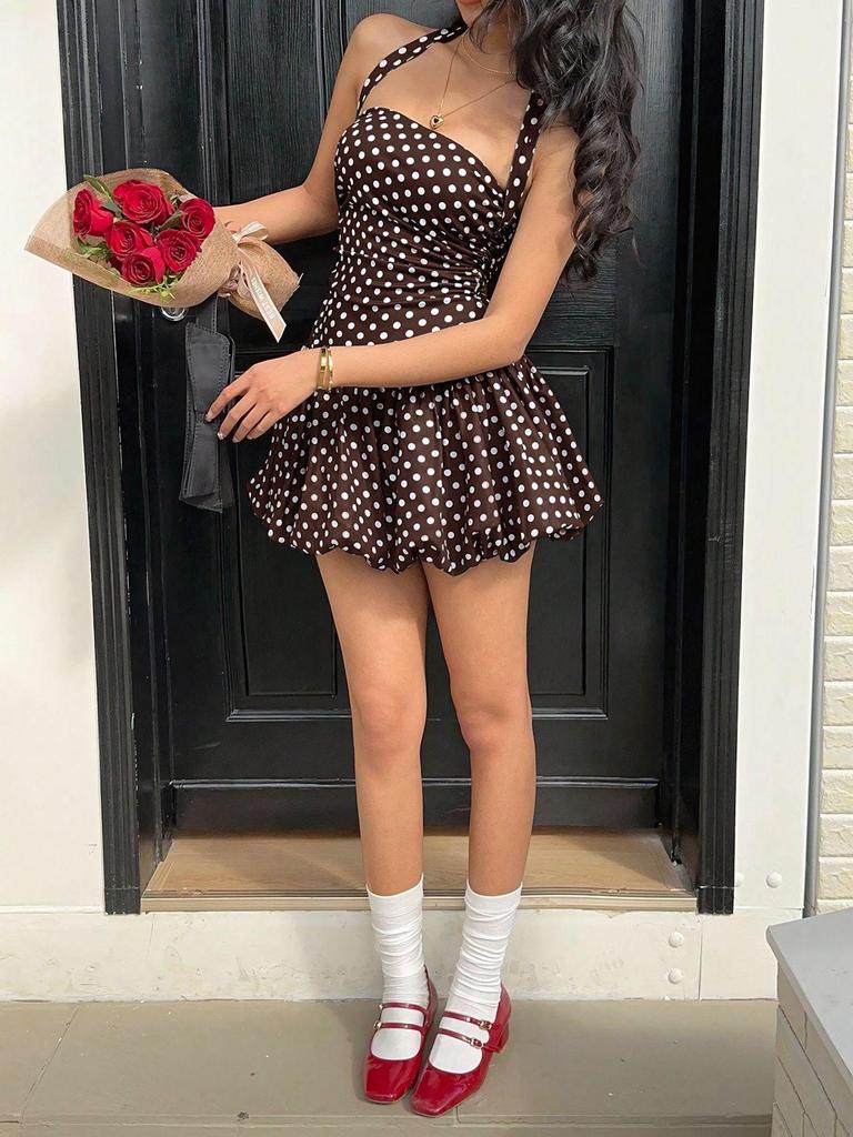 2025 Summer European & American Polka Dot Halter Backless Dress - Sexy Slim Fit Short Skirt