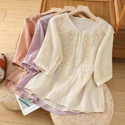 Embroidered Cotton and Linen Shirt Women's 2025 Summer New Thin Top Temperament Loose and Beautiful V-neck T-shirt Shirt Top