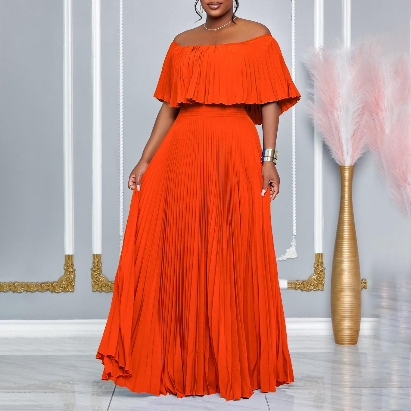 

Pleated Dresses Women Off the Shoulder Plus Size Loose Fashion Ladies Birthday Party Dress Dinner Vestidos S оранжевый