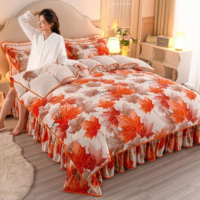 Thickened Milk Fleece Four-Piece Warm Double-Sided Coral Fleece Quilt Cover Flannel Sheet Bed Skirt Bedding