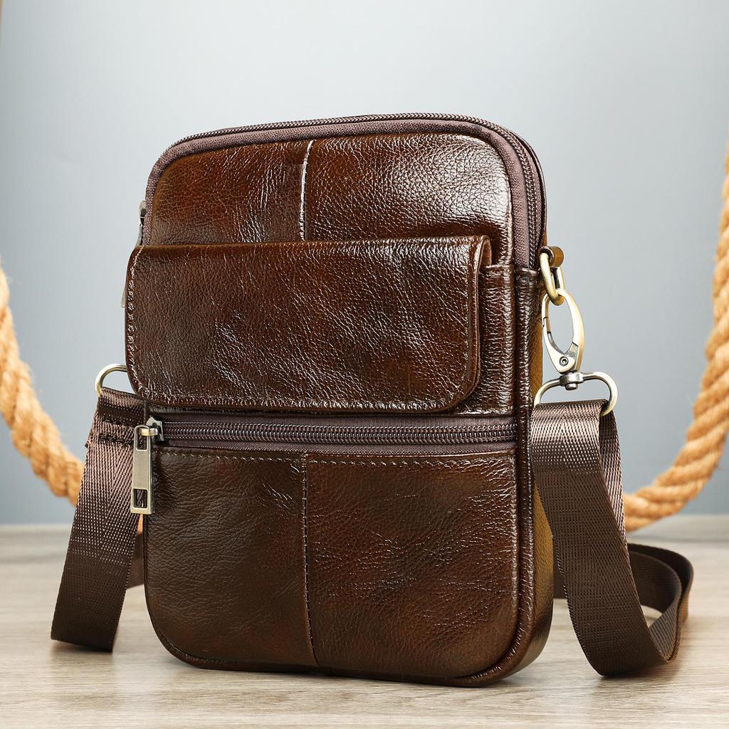 Men's Genuine Leather Crossbody Bag - European & American Style, Top Layer Cowhide, Casual Single Shoulder Bag