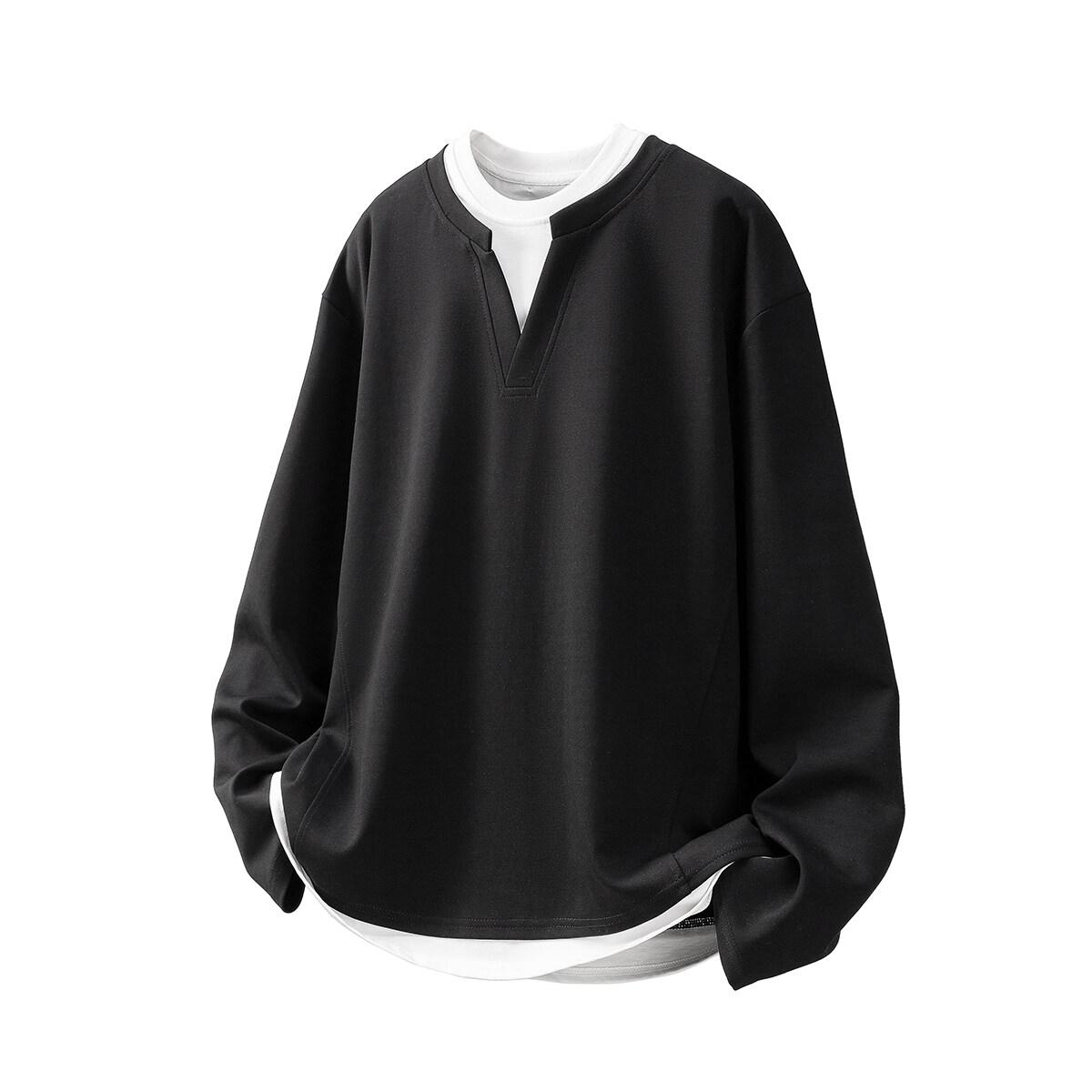 

Мужские футболки с длинным рукавом на весну-осень 2025 года, мужские повседневные футболки из двух частей, мужские лоскутные топы, мужские футболки оверсайз L чёрный