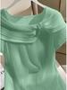 Plus Size Women's Pleated Slimming Round Neck T-shirt with Short Sleeves