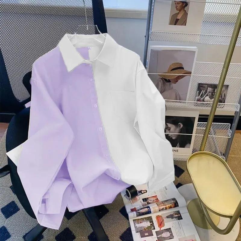 Women's Spring/Fall Long-Sleeve Color-Block Shirt Korean-Style Loose-Fit Academic Blouse