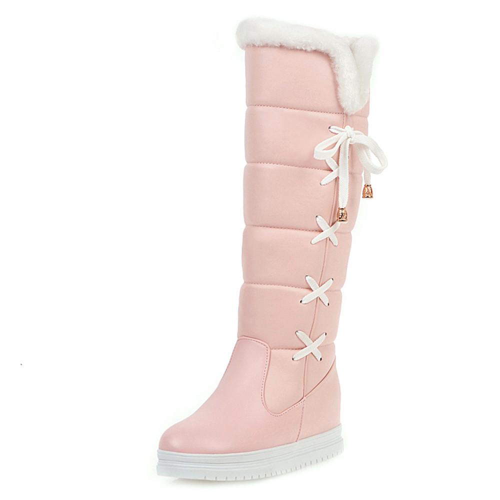 Fashion 2025 Winter Warm Pink White Snow Boots Women Shoes Low Heels Knee High Boots Female Lace-up Platform Plush Long Boats Mujer