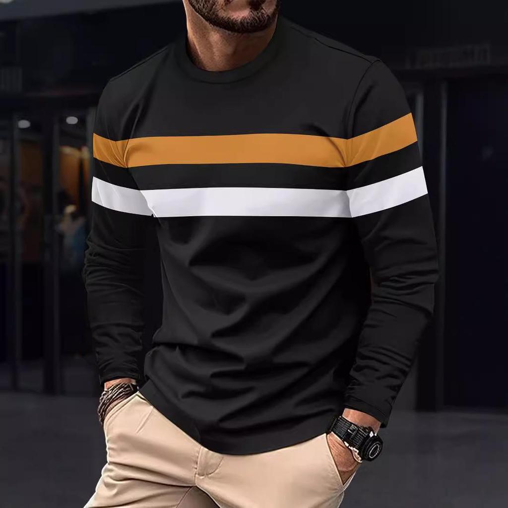 Plus Size Men's Color Block Crew Neck Long Sleeve Base Layer Pullover for Autumn & Winter