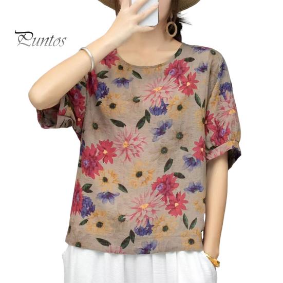

Женская футболка с круглым вырезом и коротким рукавом, свободная футболка с ретро-цветочным принтом, летние топы, универсальная, удобная, повседневная одежда