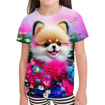 Camiseta de Verano para Niña con Cuello Redondo, Estampado de Perro Animal 3D, Moda Casual, Manga Corta