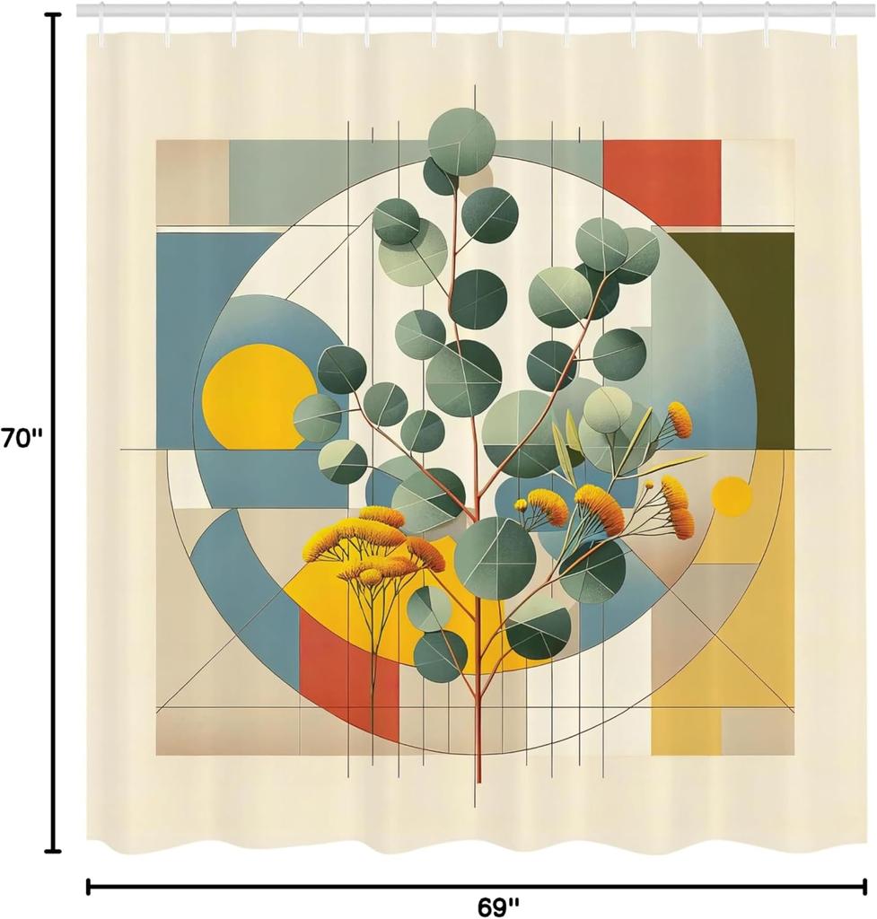 Eucalyptus Leaves Shower Curtain, Circular Branches In Classic Mid Century Modern Influences, Cloth Fabric Bathroom De