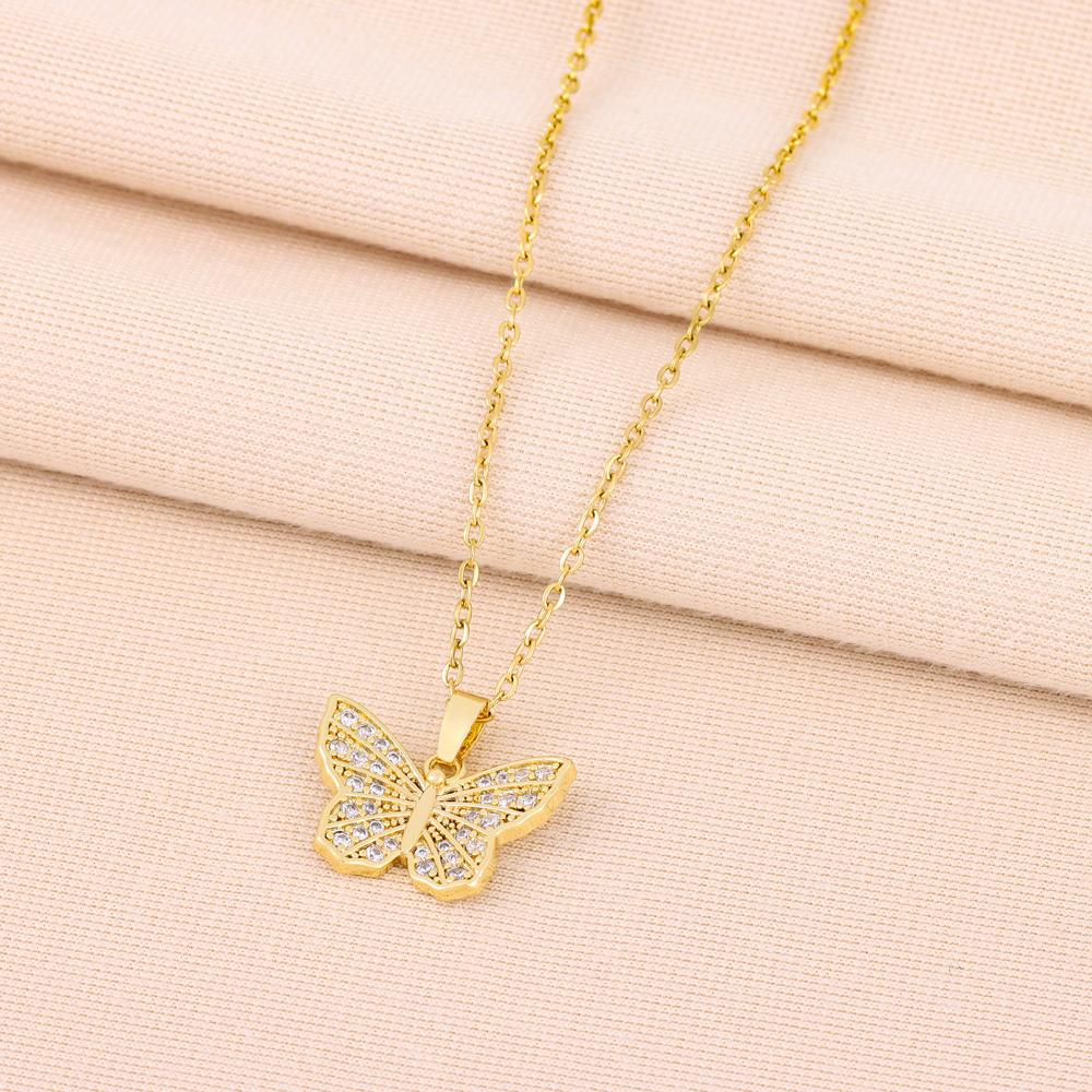 New Gold Plated Sweet Zircon Crystal Butterfly Pendant Necklaces For Women Trendy Ladies Stainless Steel Neck Chain Jewelry