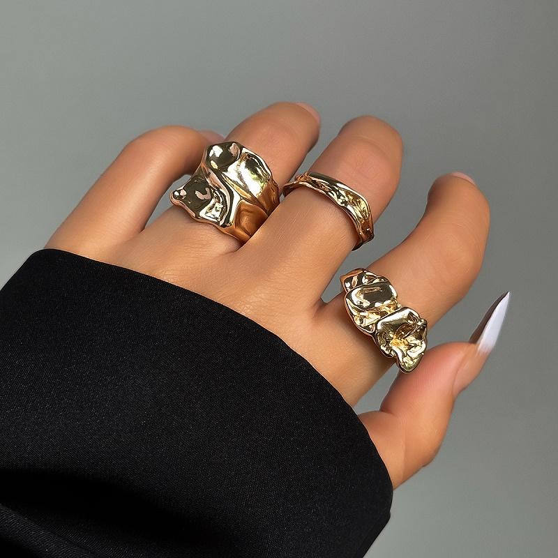 3Pcs/Set Punk Gold Color Lava Line Open Rings Set for Women Trendy Metal Smooth Geometric Finger Rings Jewelry 2026 New