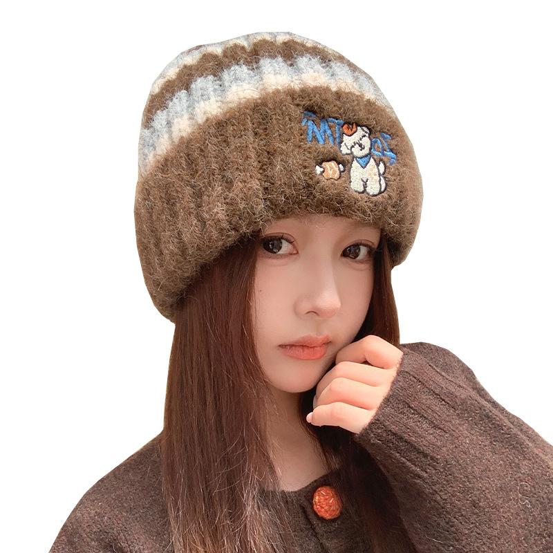 Vintage Striped Knitted Hat Puppy Embroidered Wool Hat Soft Waxy Plush Autumn and Winter Hat Women's Versatile