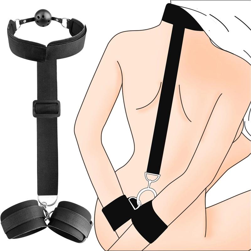 Erotic HandCuffs Mouth Gag BDSM Bondage Restraints Sex Toys for Couples Open Mouth Ball Backhand Cuffs Tied Up Adult Game