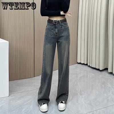 Weitbeinige Jeans für Damen Frühling und Herbst Locker Hohe Taille Taschendesign Gerades Bein Hose