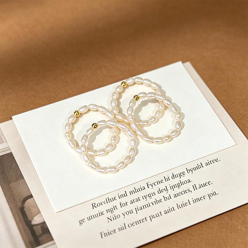 Women's Small Rice Bead Elastic Ring Natural White Freshwater Pearls Copper-Gilded Spacer Beads Trendy Exquisite Commuting