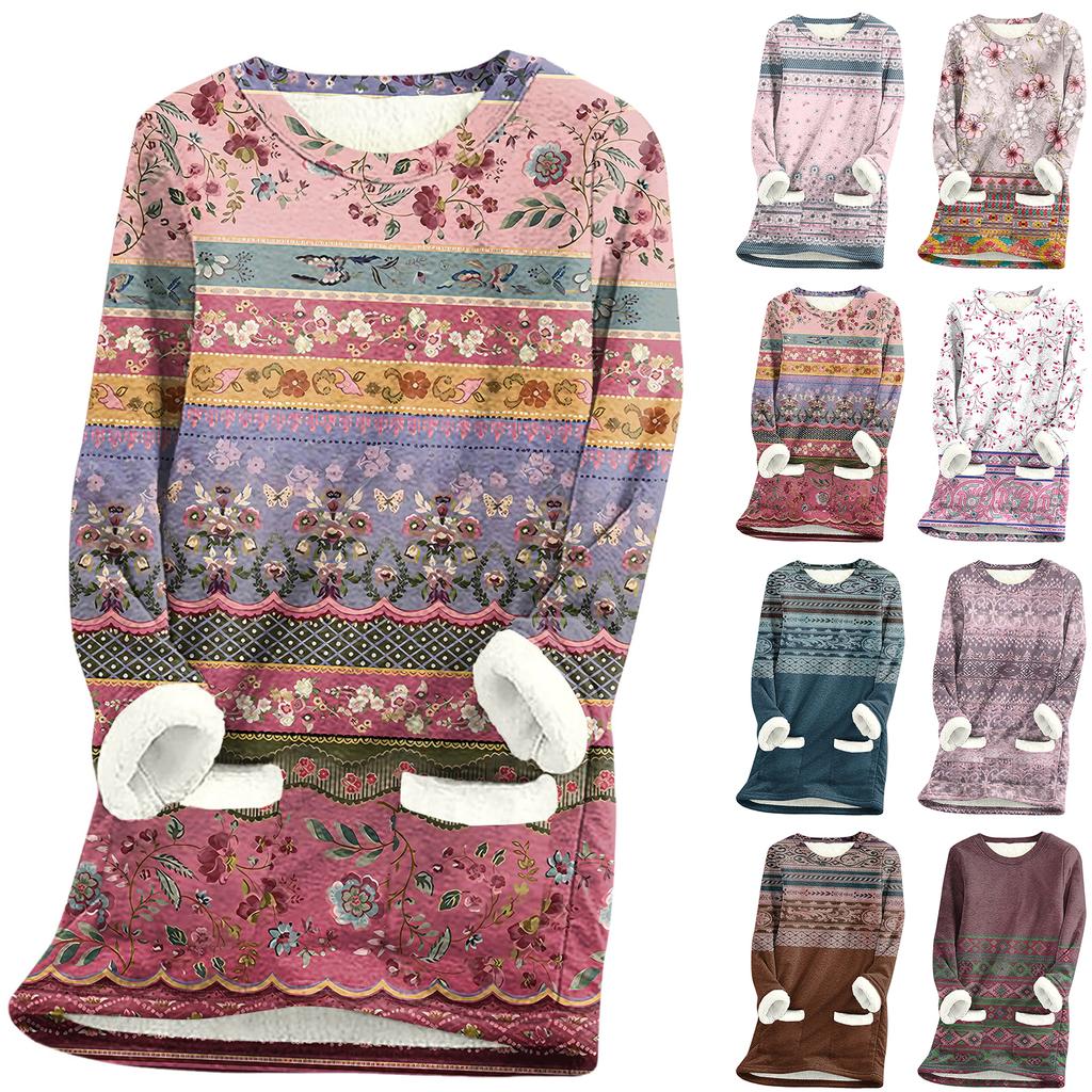 Dame Rundhals Topp Trykk Fortykket Plysj Kasjmir Varm Lang Topp