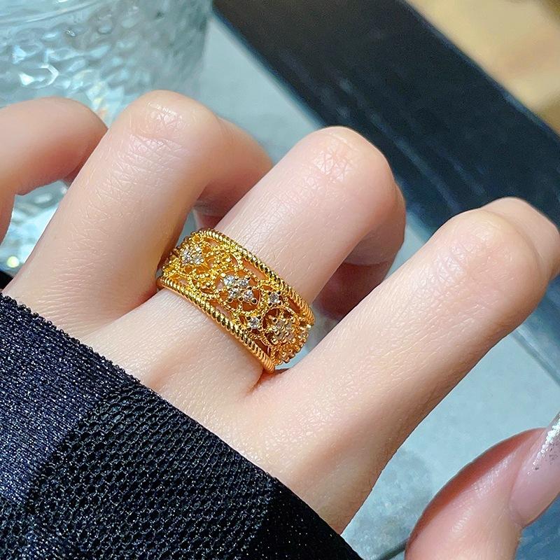 Gold Hollow Pattern Retro Open Ring High Sense Medieval Two-Color Classical Court Style Zircon Ring