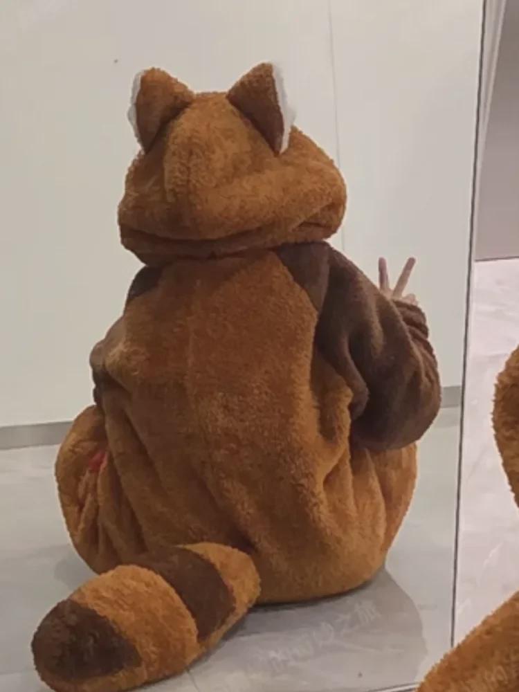 

Модний піжамний набір із мультфільмом із капюшоном і єнотом – кораловий фліс, дизайн із великим хвостом для пар L