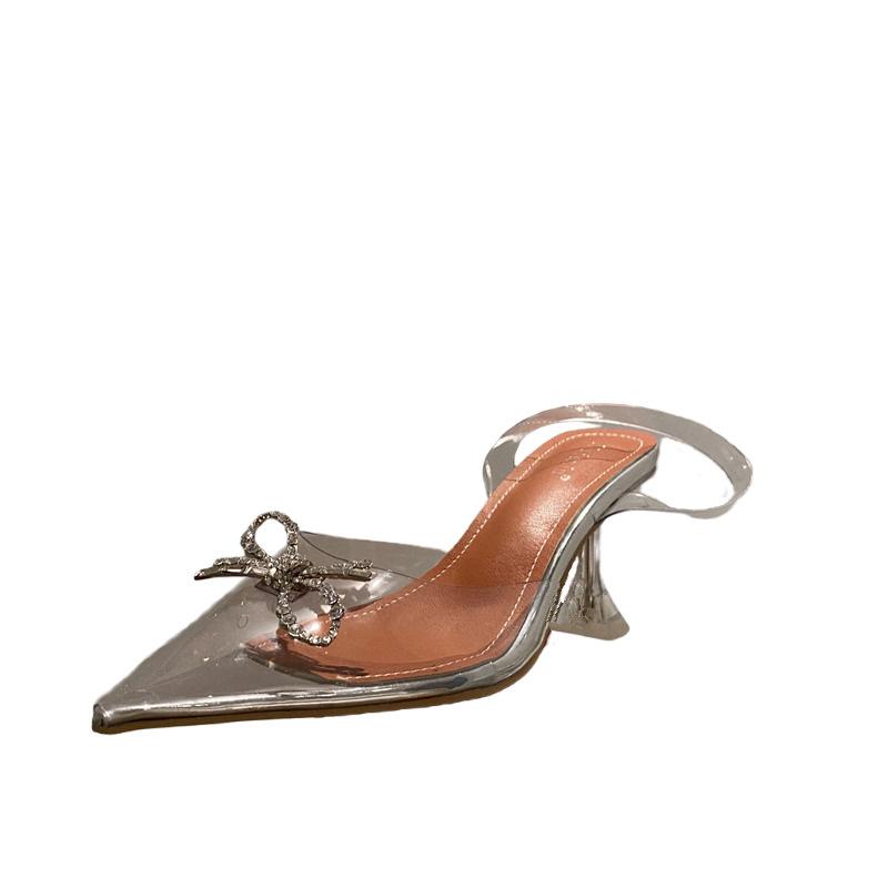 Spring and summer new crystal thin heel rhinestone transparent women's shoes bridesmaid wedding shoes pointed high heels sandals