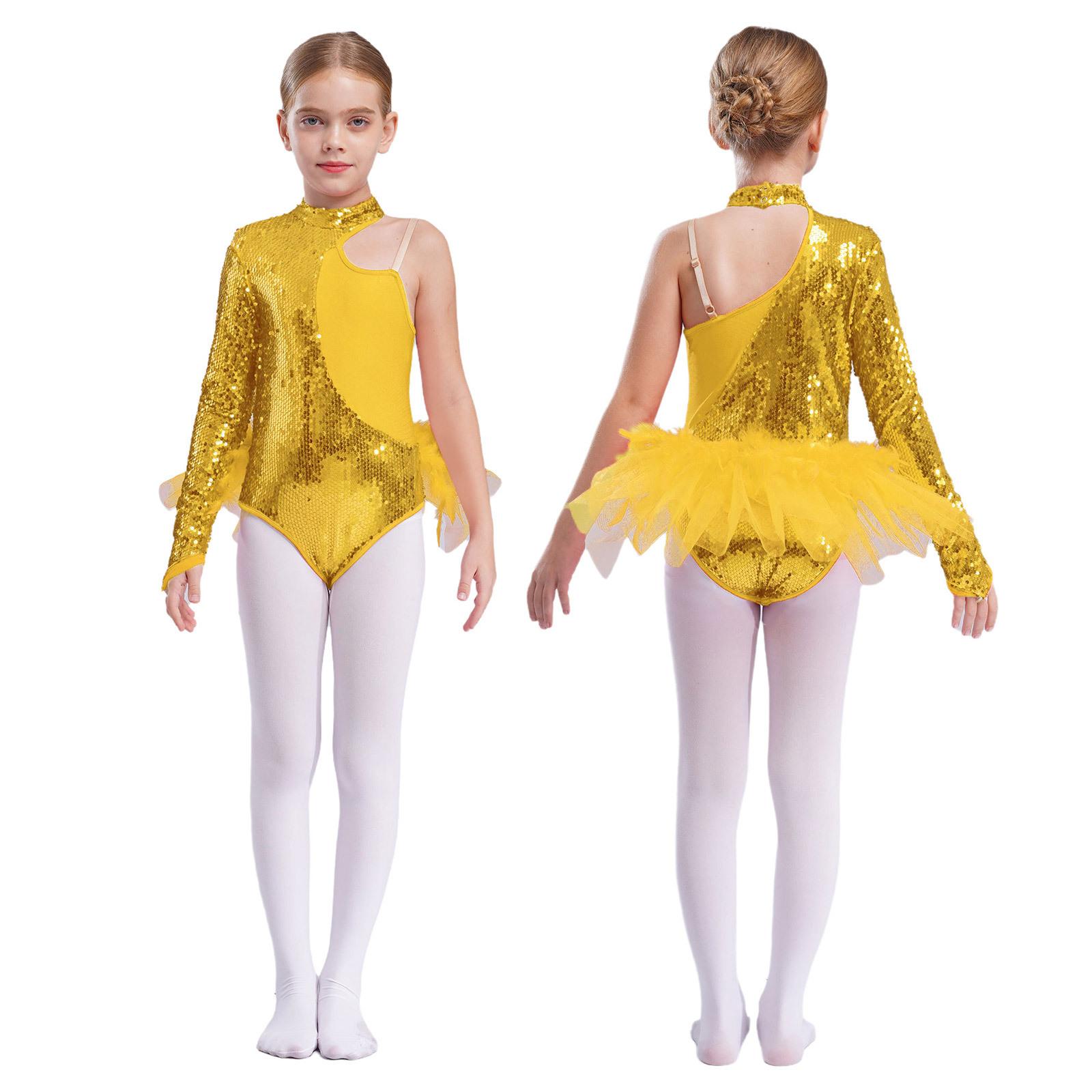 

Дитячий джазовий латиноамериканський танцювальний одяг з блискучими паєтками з довгим рукавом і імітаційною шиєю, балетний танцювальний костюм, комбінезон-трико 5-6 Years золотий