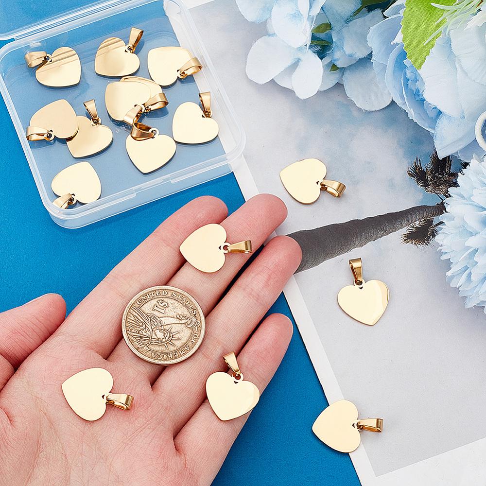 304 Stainless Steel Pendants Stamping Blank Tag Laser Cut Heart Golden 16x17x1.2mm Hole: 5x3mm 16pcs/box