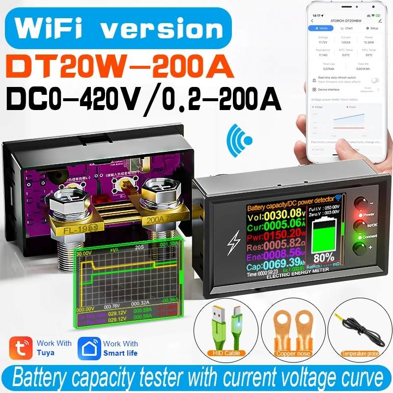 DT20 DC-Messgerät Lithium-Batterie-Leistungskapazitätstester 420 V 30 A-600 A Gleichspannung WiFi Online-Version Bidirektionales Amperemeter